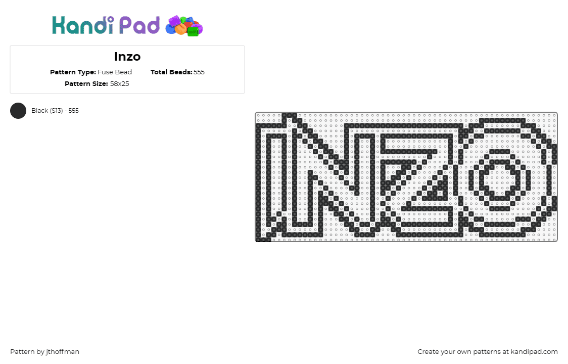 Inzo - Fuse Bead Pattern by jthoffman on Kandi Pad - inzo,logo,text,dj,edm,music,outline,black