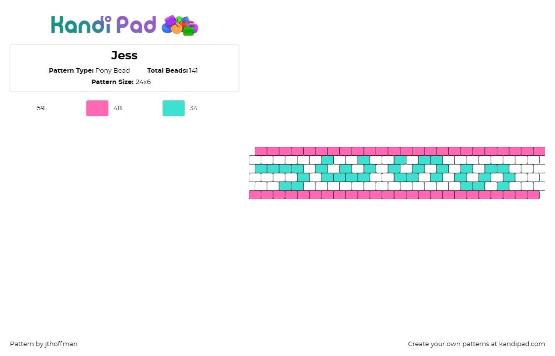 Jess - Pony Bead Pattern by jthoffman on Kandi Pad - jess,name,text,cuff,white,pink,teal