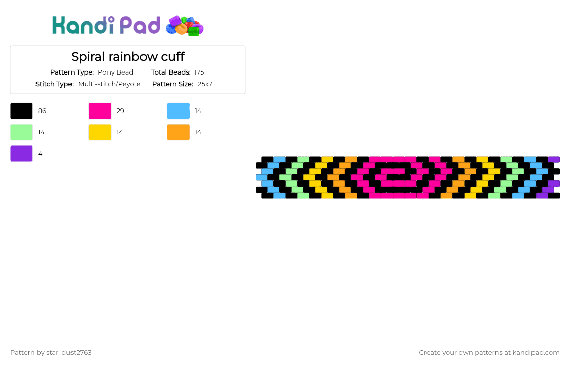 Spiral rainbow cuff - Pony Bead Pattern by star_dust2763 on Kandi Pad - black,teal,orange,colorful