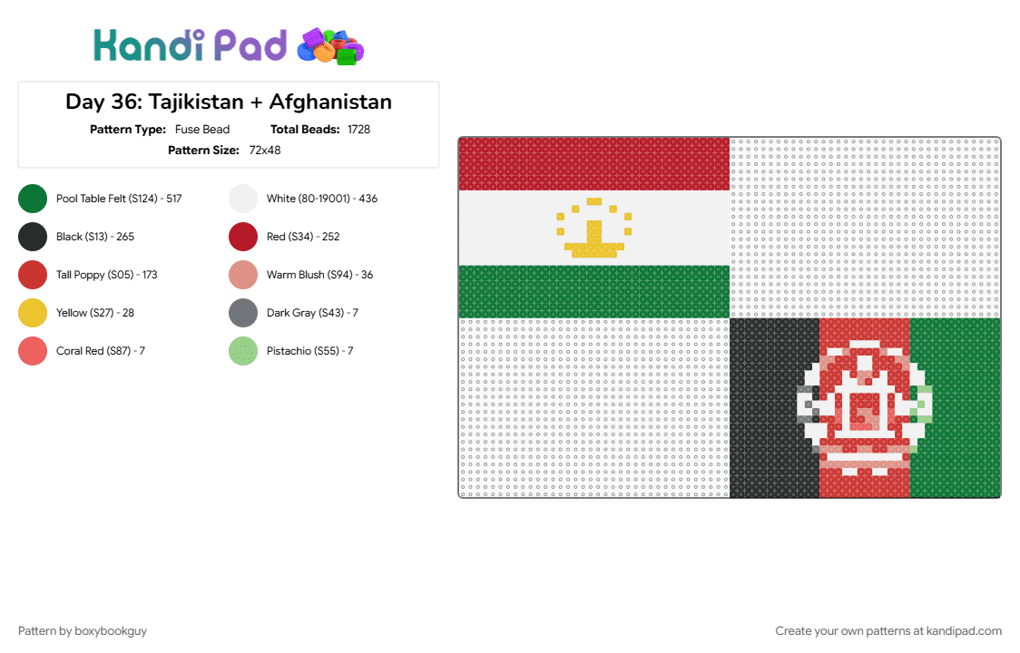 Day 37: Tajikistan + Afghanistan - Fuse Bead Pattern by boxybookguy on Kandi Pad - flag, green, red