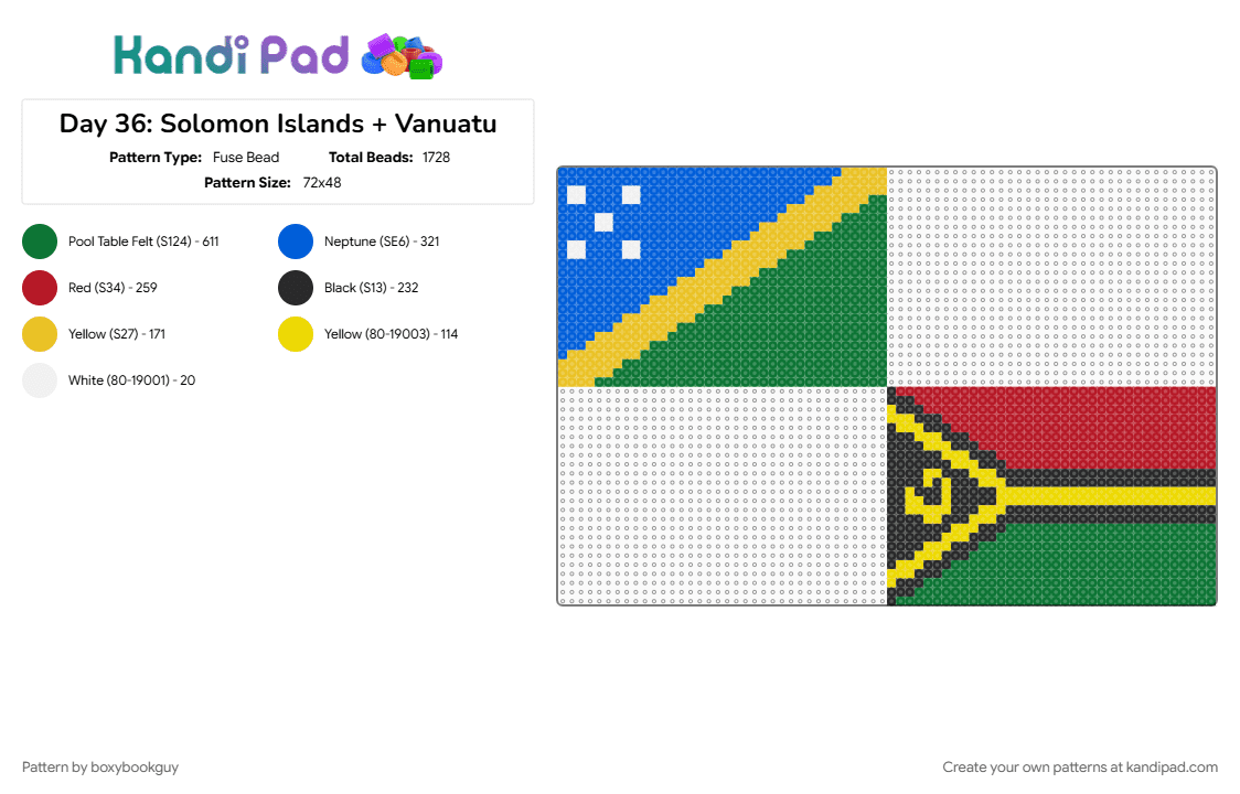 Day 36: Solomon Islands + Vanuatu - Fuse Bead Pattern by boxybookguy on Kandi Pad - flag, green