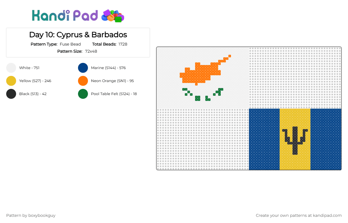 Day 10: Cyprus & Barbados - Fuse Bead Pattern by boxybookguy on Kandi Pad - blue,yellow
