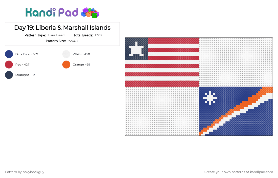Day 19: Liberia + Marshall Islands - Fuse Bead Pattern by boxybookguy on Kandi Pad - blue, flag, red