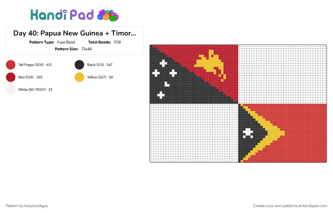 Day 40: Papua New Guinea + Timor-Leste - Fuse Bead Pattern by boxybookguy on Kandi Pad - battlefordreamisland, country, flag, oceania, red