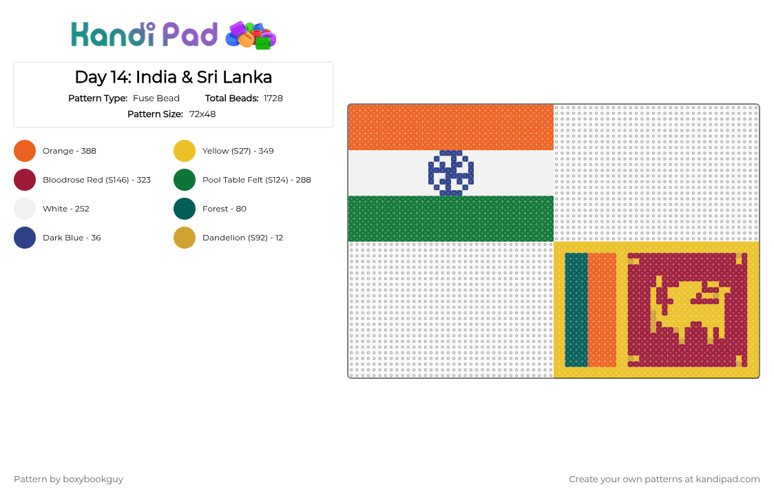 Day 14: India & Sri Lanka - Fuse Bead Pattern by boxybookguy on Kandi Pad - orange,green,yellow,red