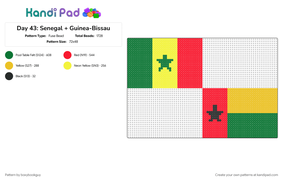 Day 43: Senegal + Guinea-Bissau - Fuse Bead Pattern by boxybookguy on Kandi Pad - africa, country, flag, green, red, yellow