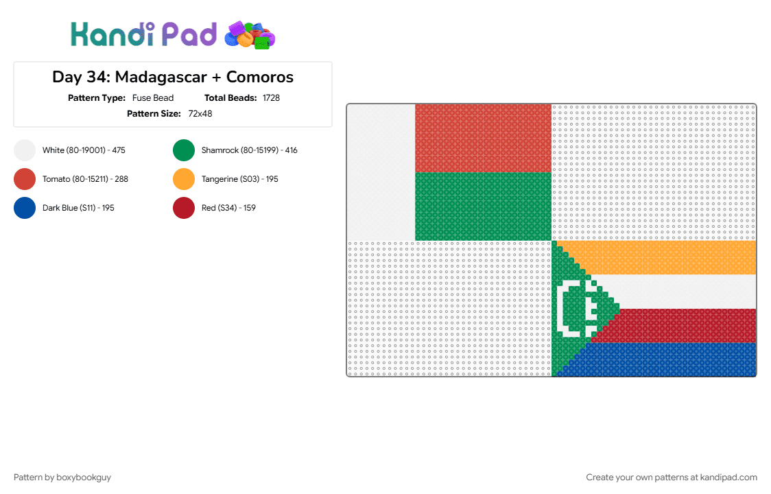 Day 34: Madagascar + Comoros - Fuse Bead Pattern by boxybookguy on Kandi Pad - flag, green, red