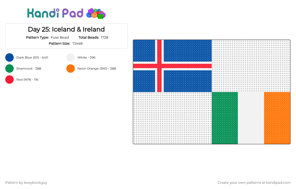 Day 25: Iceland & Ireland - Fuse Bead Pattern by boxybookguy on Kandi Pad - blue, europe, flag