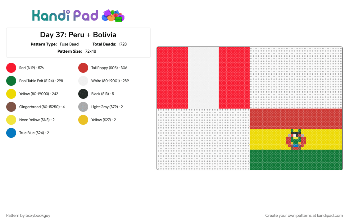 Day 38: Peru + Bolivia - Fuse Bead Pattern by boxybookguy on Kandi Pad - flag, green, red, yellow