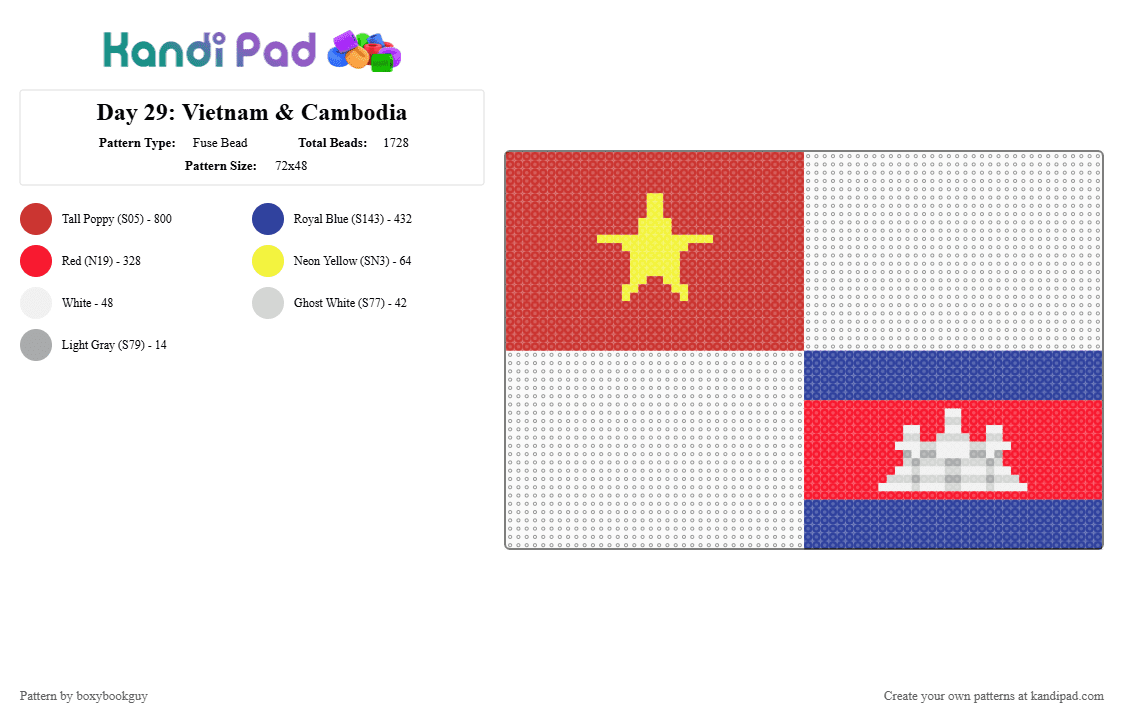Day 29: Vietnam & Cambodia - Fuse Bead Pattern by boxybookguy on Kandi Pad - flag, purple, red
