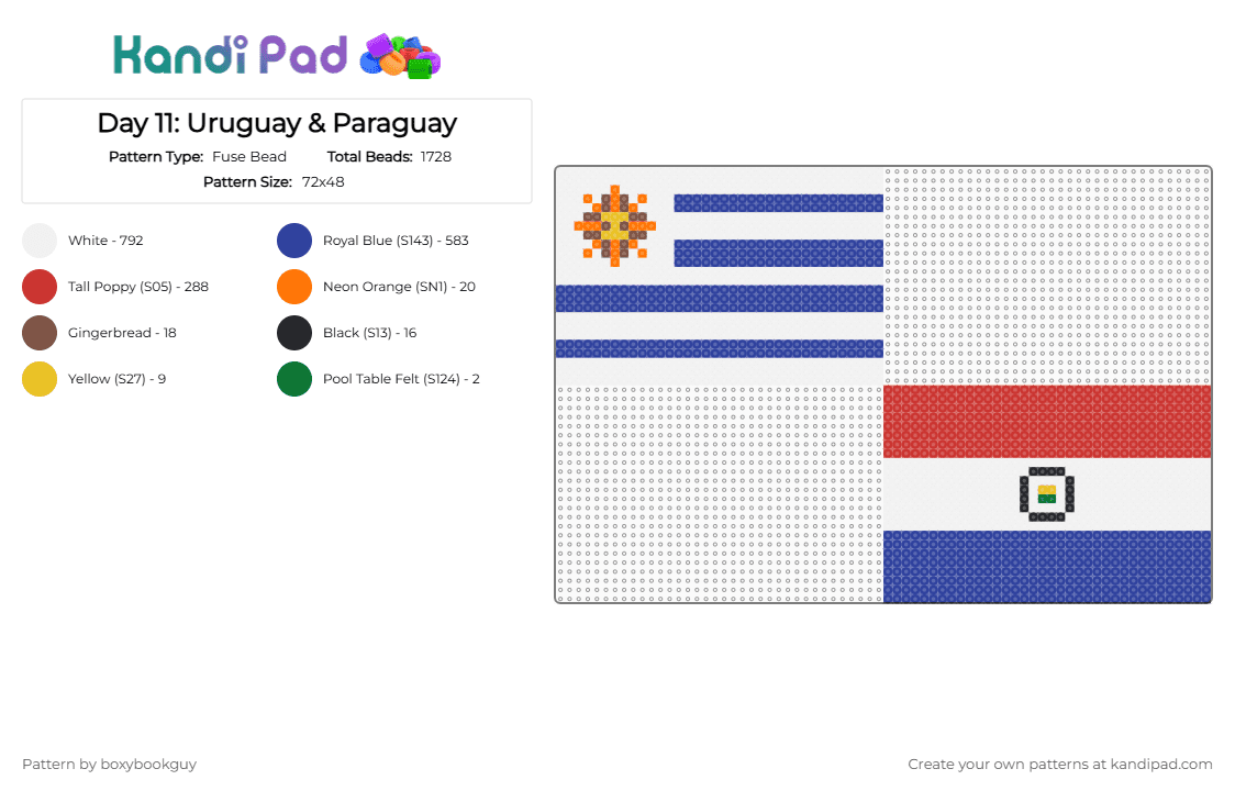 Day 11: Uruguay & Paraguay - Fuse Bead Pattern by boxybookguy on Kandi Pad - white,purple,red