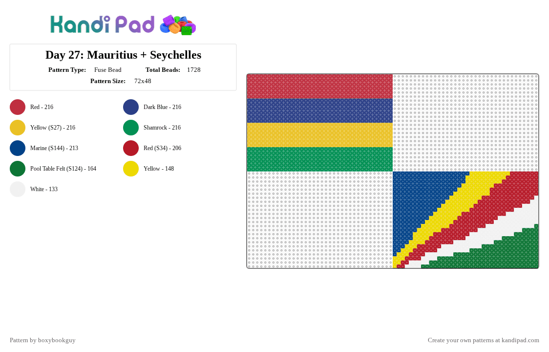 Day 27: Mauritius + Seychelles - Fuse Bead Pattern by boxybookguy on Kandi Pad - blue, flag, green, red
