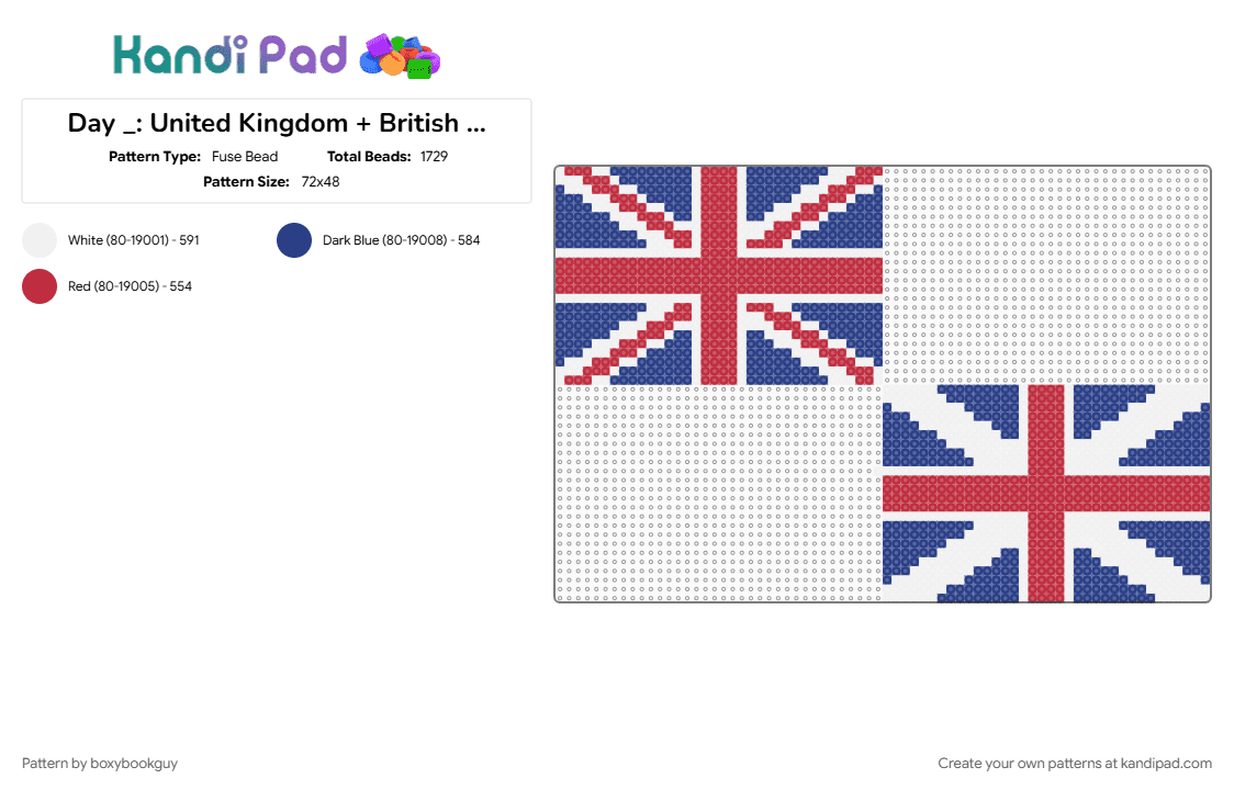 History Day 1: United Kingdom + British Empire - Fuse Bead Pattern by boxybookguy on Kandi Pad - blue, cotdevolution, country, europe, flag, red, uk