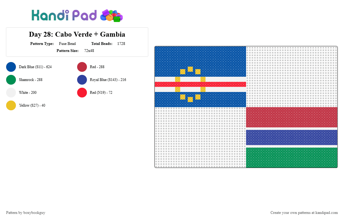 Day 28: Cabo Verde + Gambia - Fuse Bead Pattern by boxybookguy on Kandi Pad - blue, flag, green, red