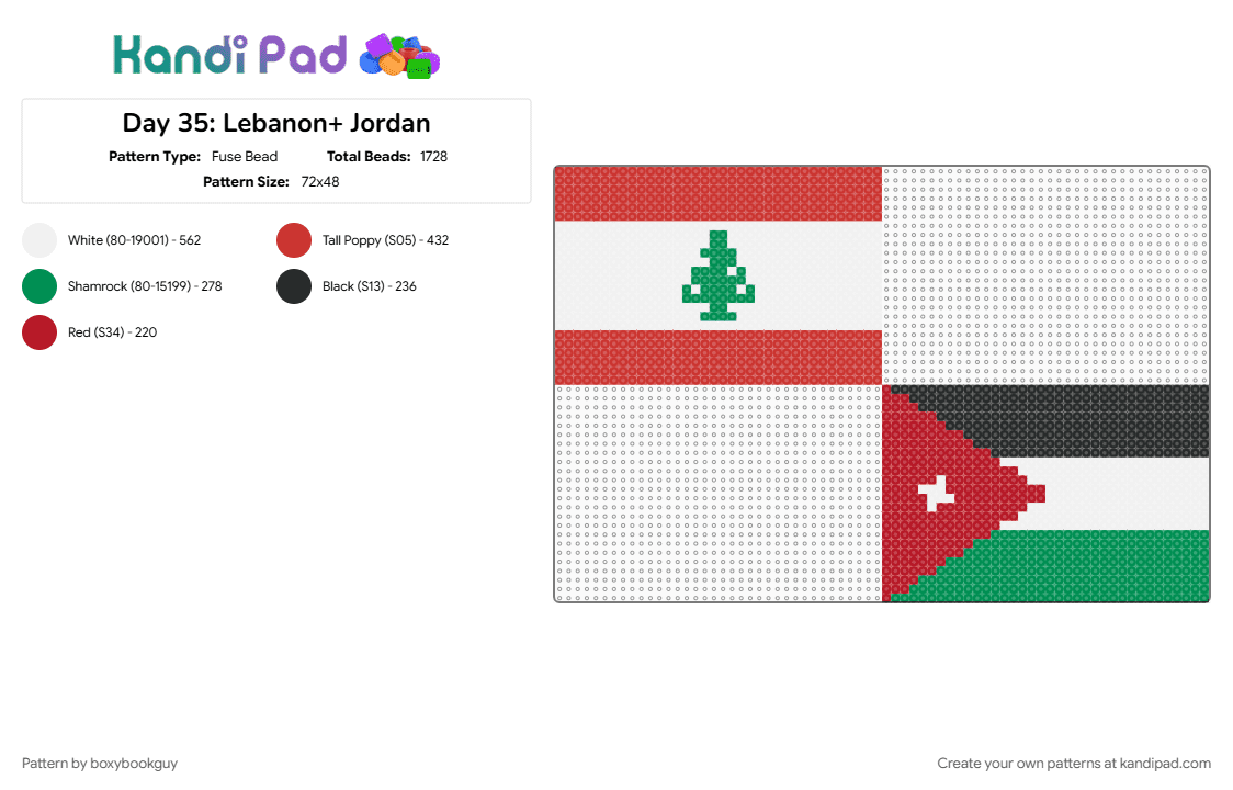 Day 35: Lebanon+ Jordan - Fuse Bead Pattern by boxybookguy on Kandi Pad - flag, green, red