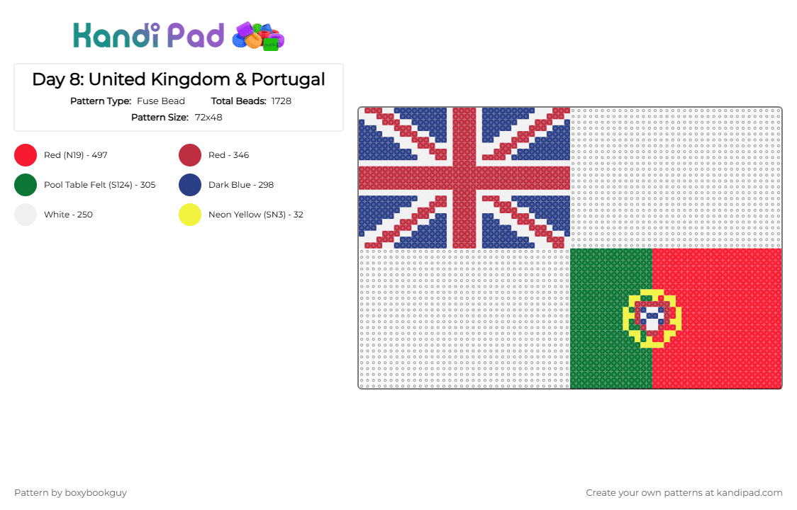 Day 8: United Kingdom & Portugal - Fuse Bead Pattern by boxybookguy on Kandi Pad - red