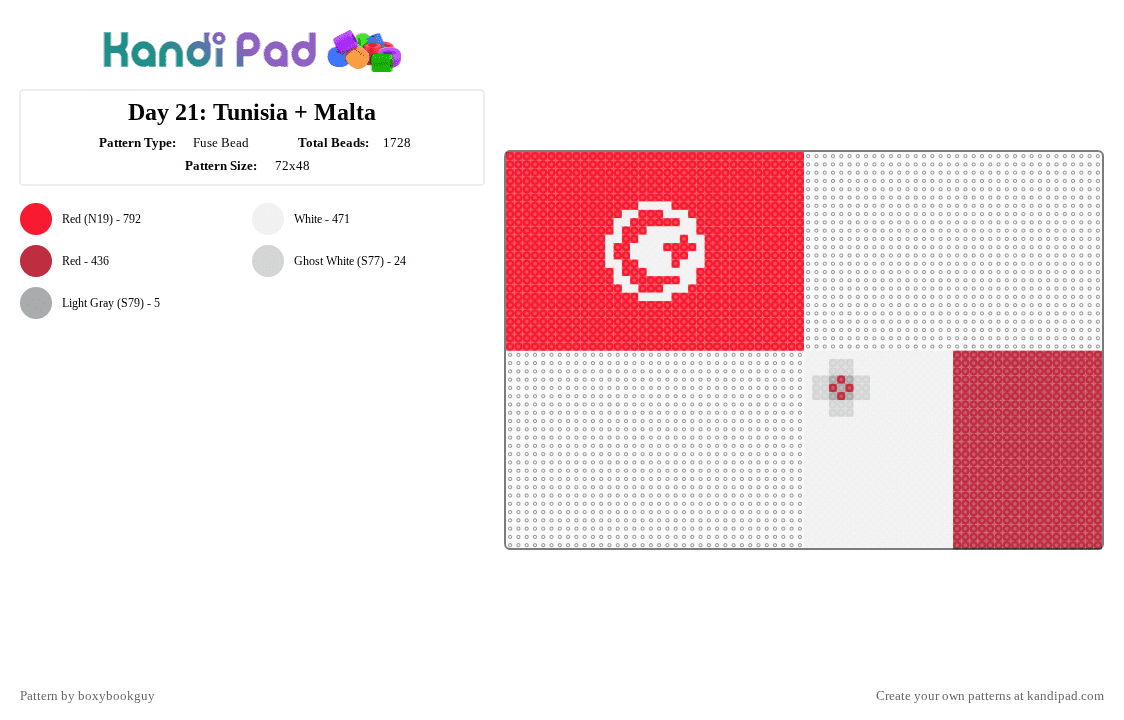 Day 21: Tunisia + Malta - Fuse Bead Pattern by boxybookguy on Kandi Pad - flag, red