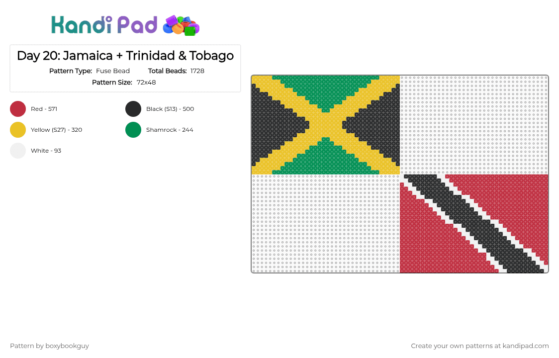 Day 20: Jamaica + Trinidad & Tobago - Fuse Bead Pattern by boxybookguy on Kandi Pad - flag, red
