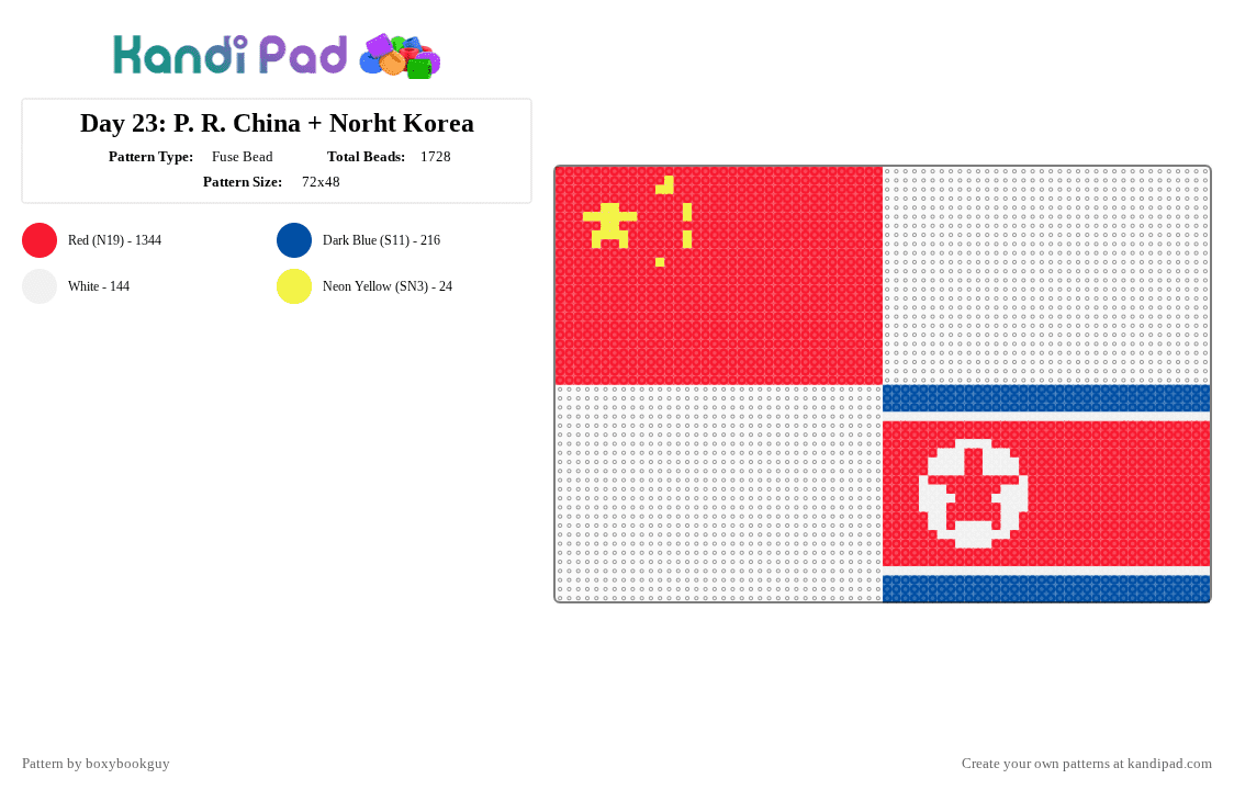 Day 23: P. R. China + North Korea - Fuse Bead Pattern by boxybookguy on Kandi Pad - flag, red