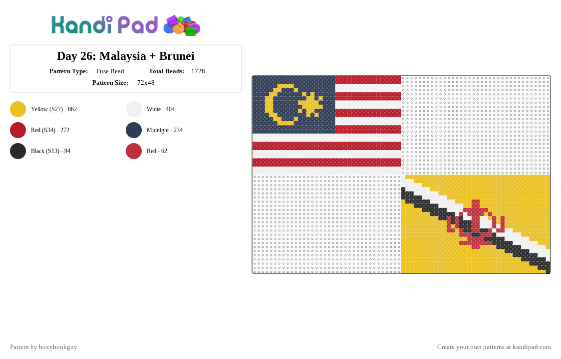 Day 26: Malaysia + Brunei - Fuse Bead Pattern by boxybookguy on Kandi Pad - flag, yellow