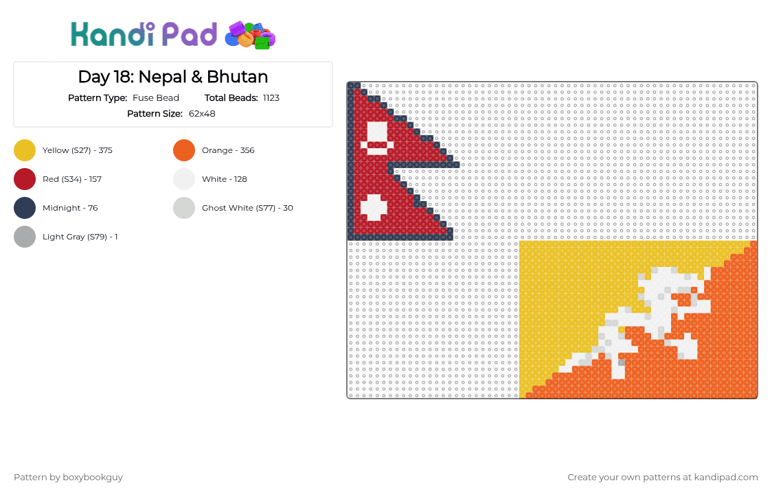 Day 18: Nepal + Bhutan - Fuse Bead Pattern by boxybookguy on Kandi Pad - flag, orange, yellow