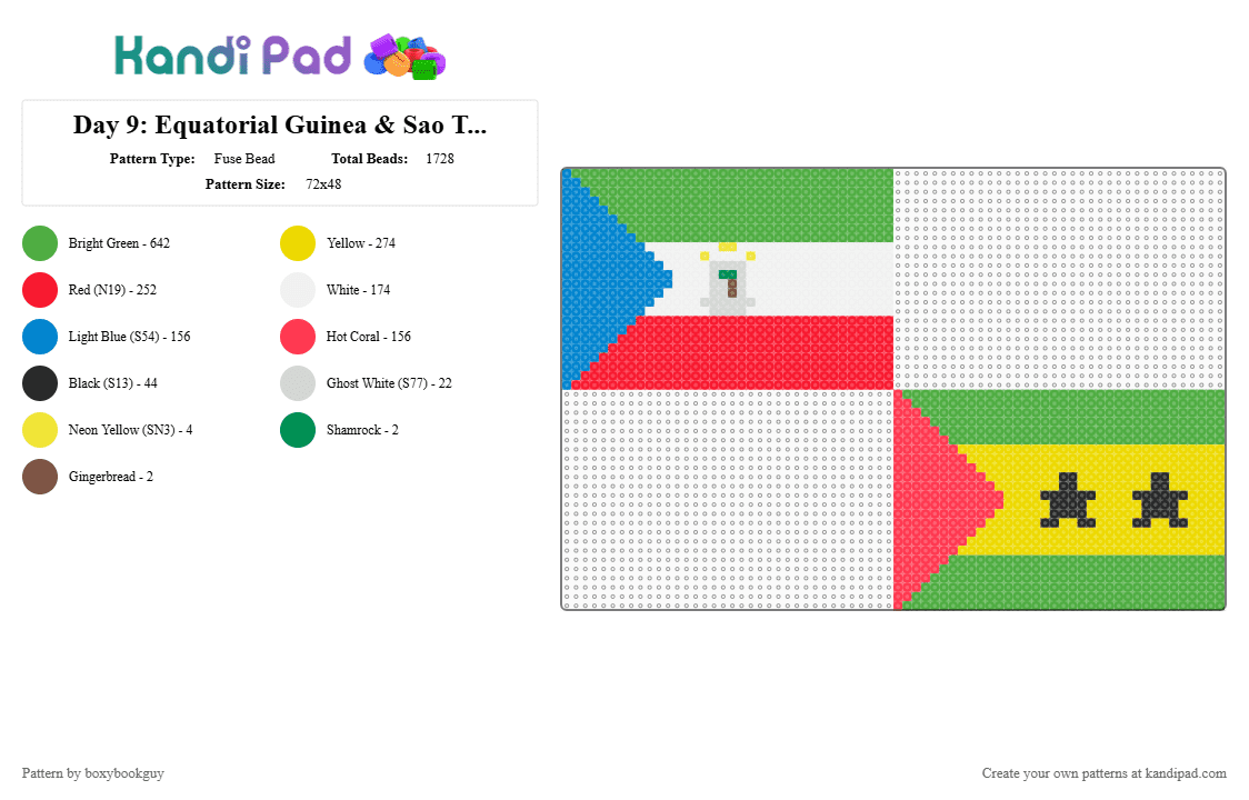 Day 9: Equatorial Guinea & Sao Tome & Principe - Fuse Bead Pattern by boxybookguy on Kandi Pad - red,green,yellow
