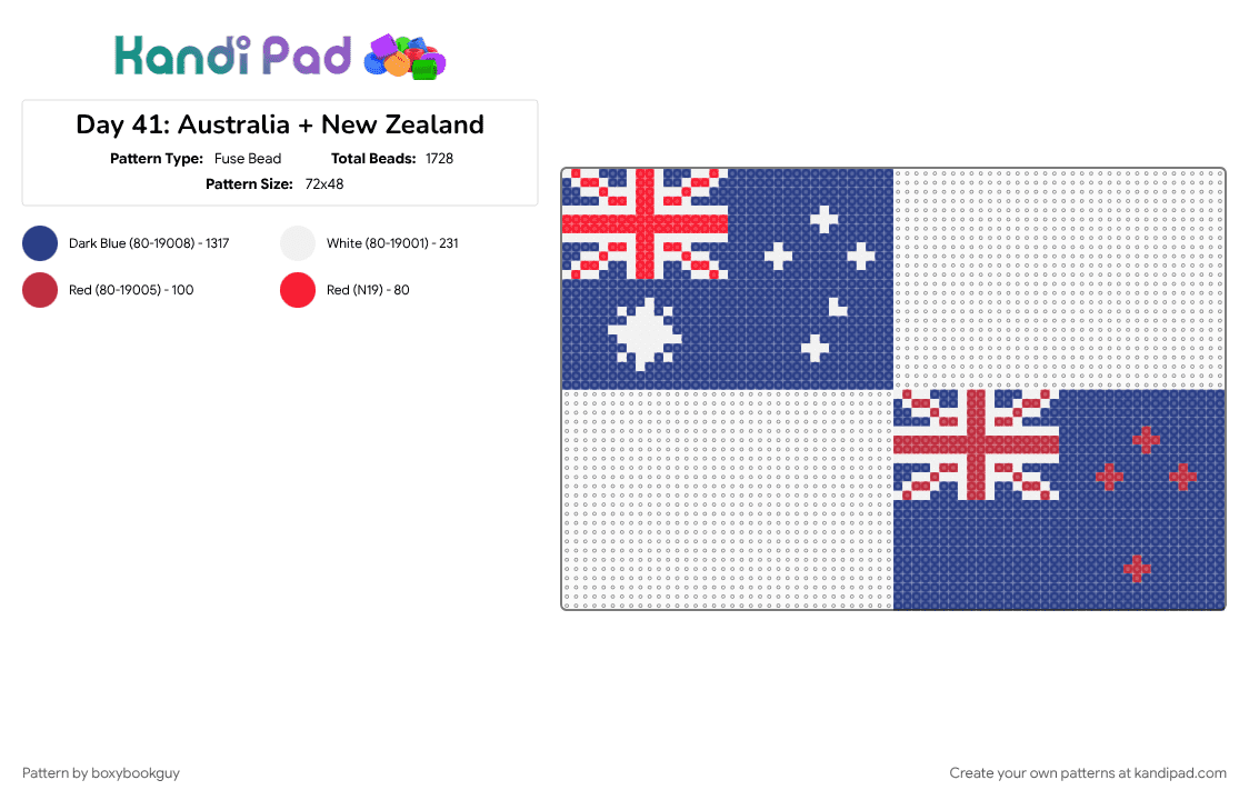 Day 41: Australia + New Zealand - Fuse Bead Pattern by boxybookguy on Kandi Pad - blue, country, flag, oceania