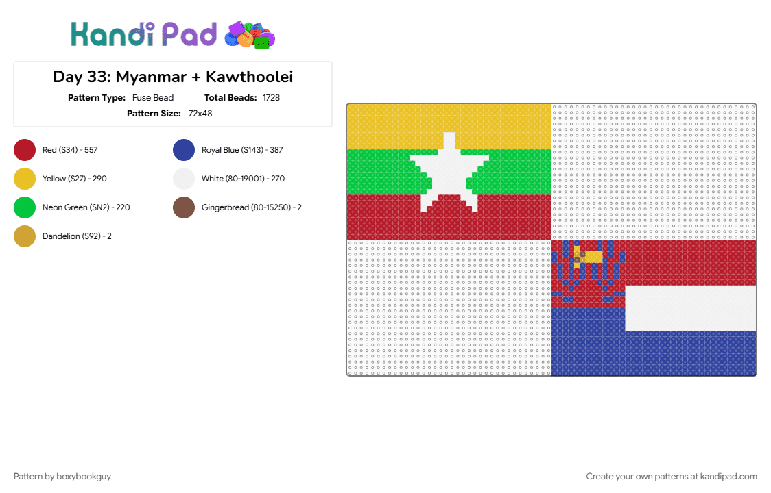 Day 33: Myanmar + Kawthoolei - Fuse Bead Pattern by boxybookguy on Kandi Pad - flag, purple, red, yellow