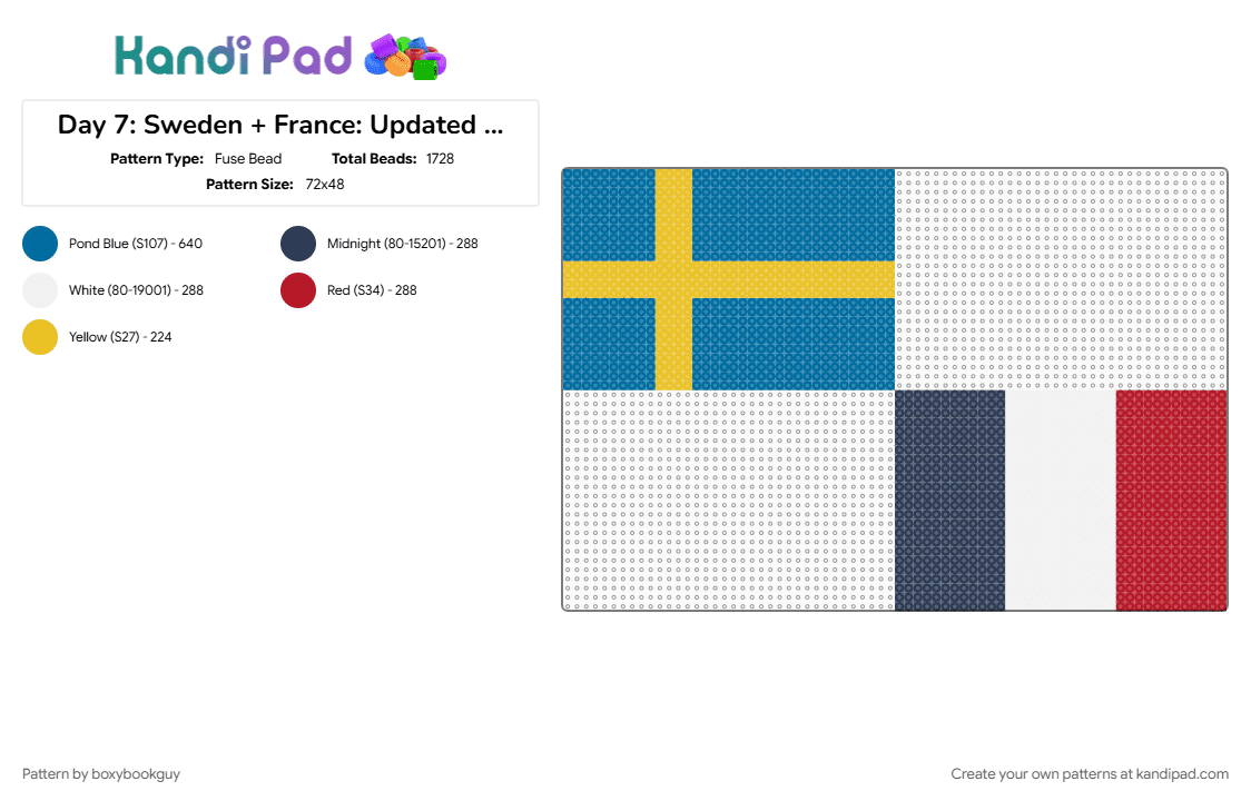 Day 7: Sweden + France: Updated ver. - Fuse Bead Pattern by boxybookguy on Kandi Pad - 