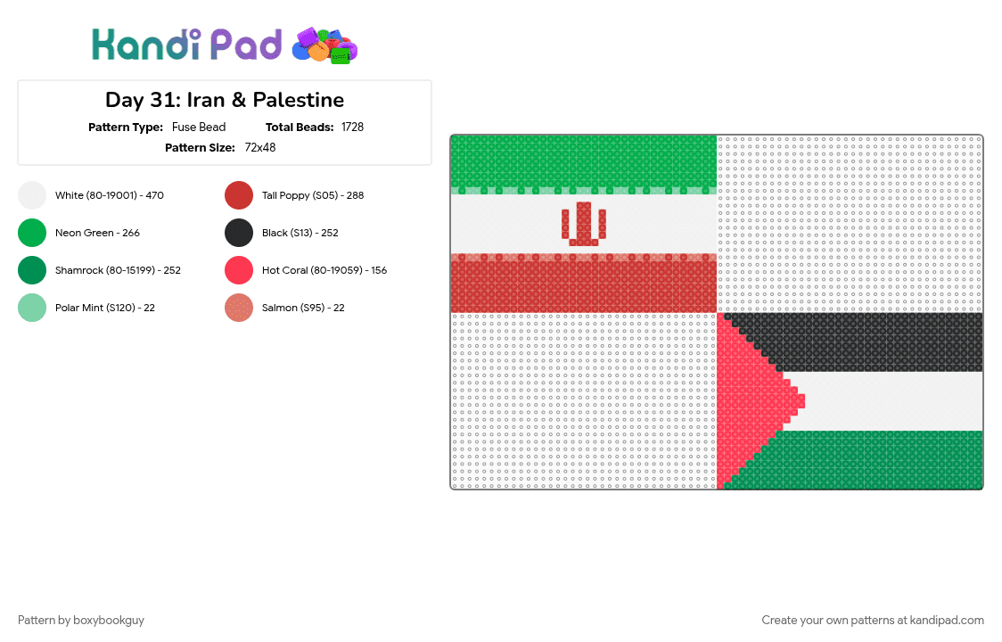 Day 31: Iran & Palestine - Fuse Bead Pattern by boxybookguy on Kandi Pad - flag, green, red