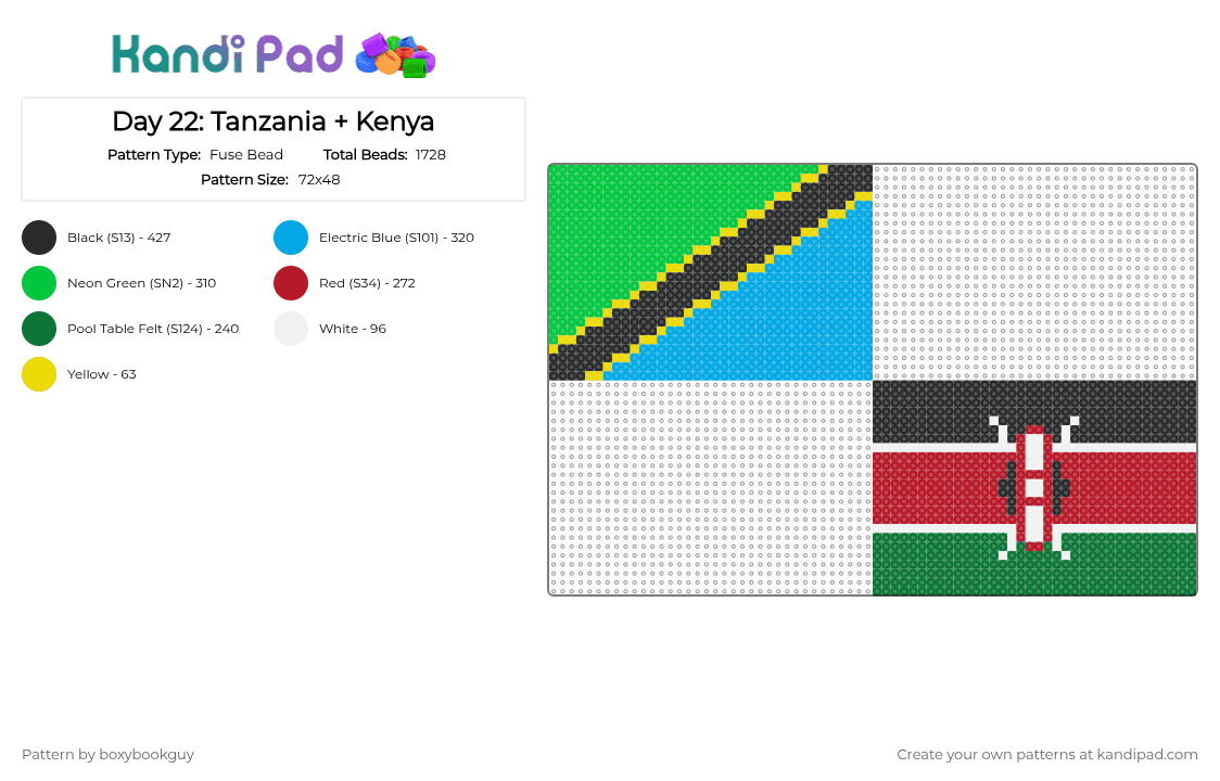 Day 22: Tanzania + Kenya - Fuse Bead Pattern by boxybookguy on Kandi Pad - flag, green, light blue