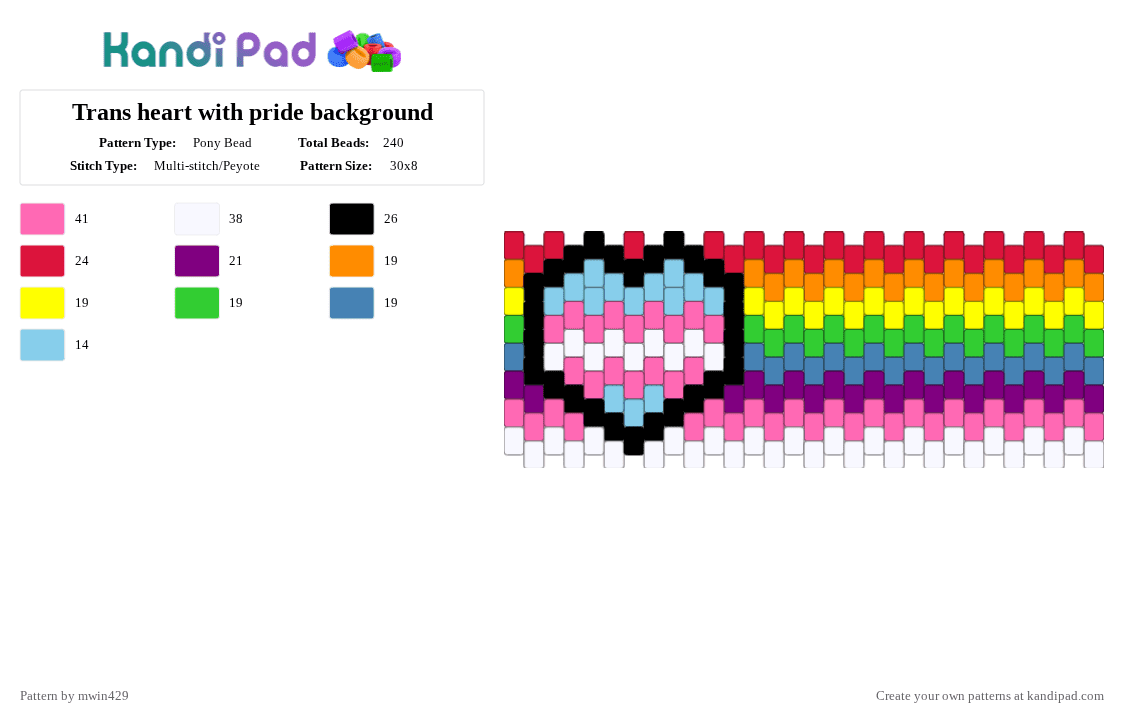 Trans heart with pride background - Pony Bead Pattern by mwin429 on Kandi Pad - pink,red,pride,trans,rainbow,cuff,lgbtqia,ally