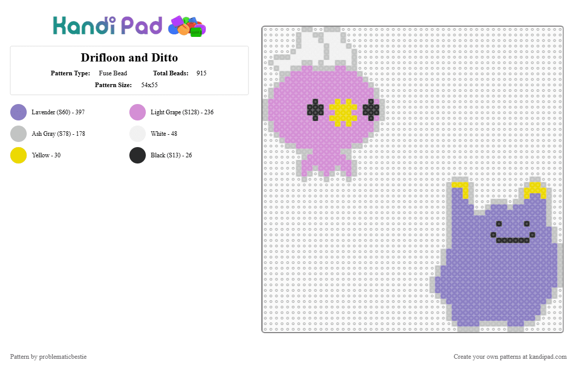 Drifloon and Ditto - Fuse Bead Pattern by problematicbestie on Kandi Pad - ditto, drifloon, pink, pokemon, pokopia