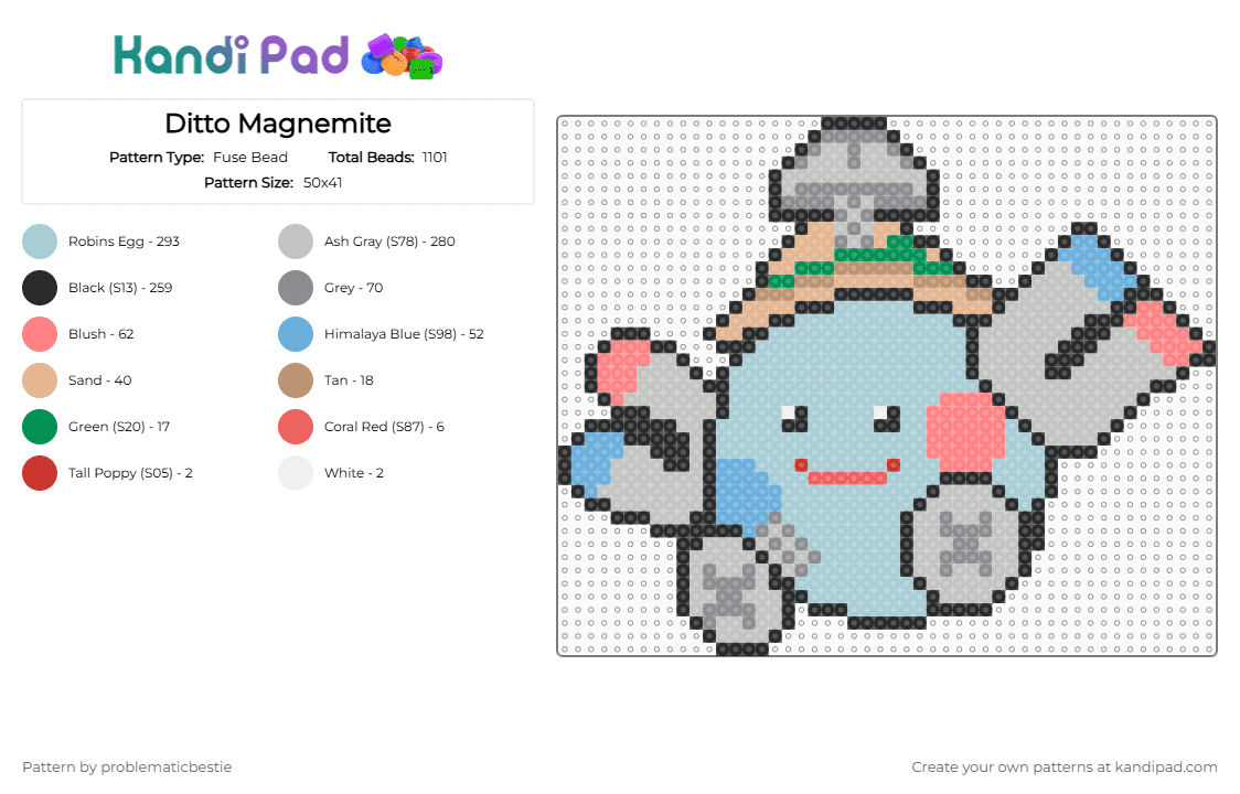 Ditto Magnemite - Fuse Bead Pattern by problematicbestie on Kandi Pad - light blue,beige,magnemite,pokopia,pokemon