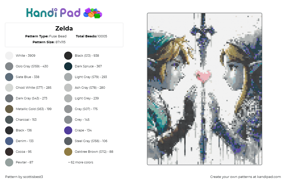 Zelda - Fuse Bead Pattern by scottisbest3 on Kandi Pad - zelda,link,profile,video game,love,heart,blue,gray