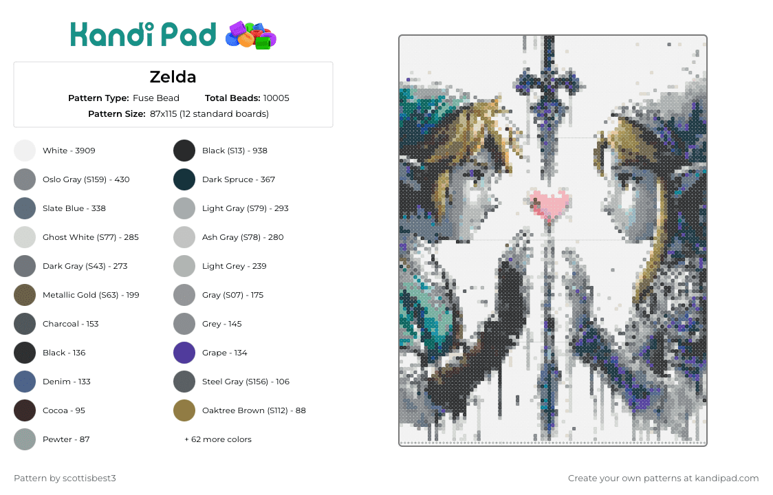 Zelda - Fuse Bead Pattern by scottisbest3 on Kandi Pad - zelda,link,profile,video game,love,heart,blue,gray