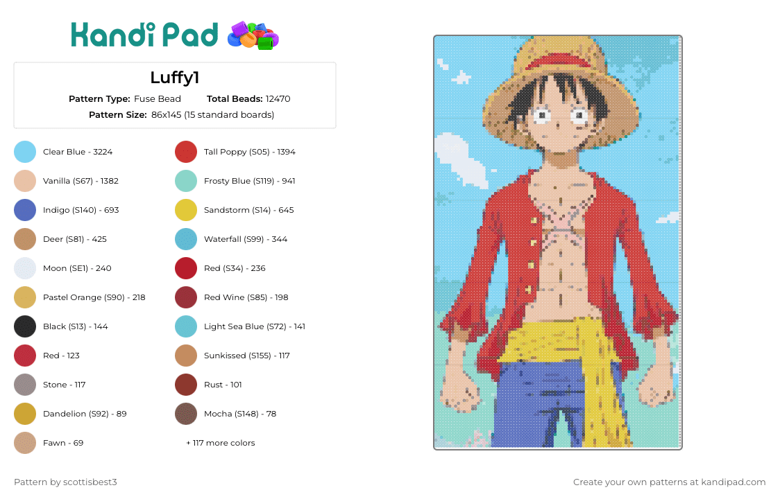Luffy1 - Fuse Bead Pattern by scottisbest3 on Kandi Pad - monkey d luffy,one piece,character,anime,straw hat,red,blue,tan