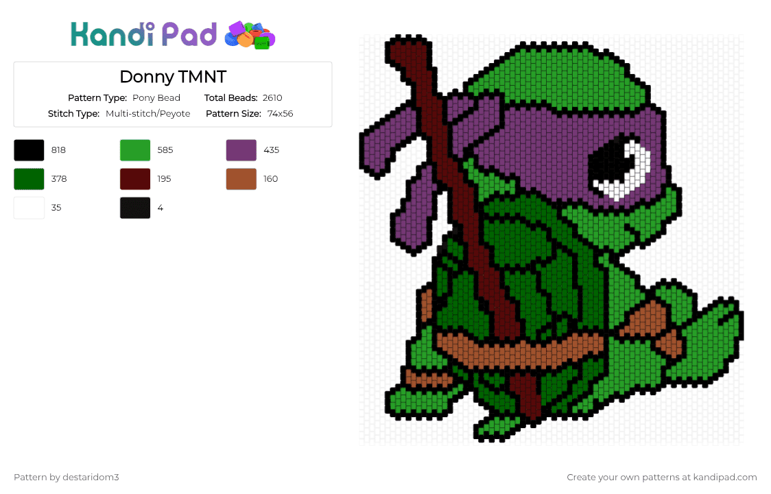 Donny TMNT - Pony Bead Pattern by destaridom3 on Kandi Pad - green,pink