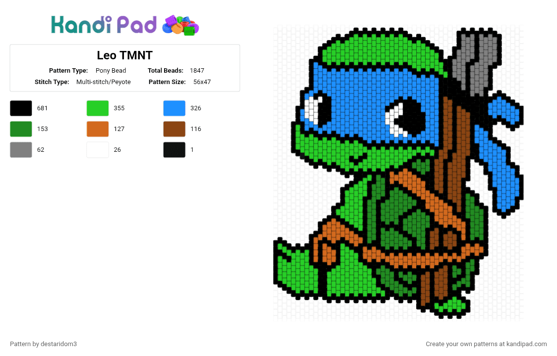 Leo TMNT - Pony Bead Pattern by destaridom3 on Kandi Pad - light blue,green