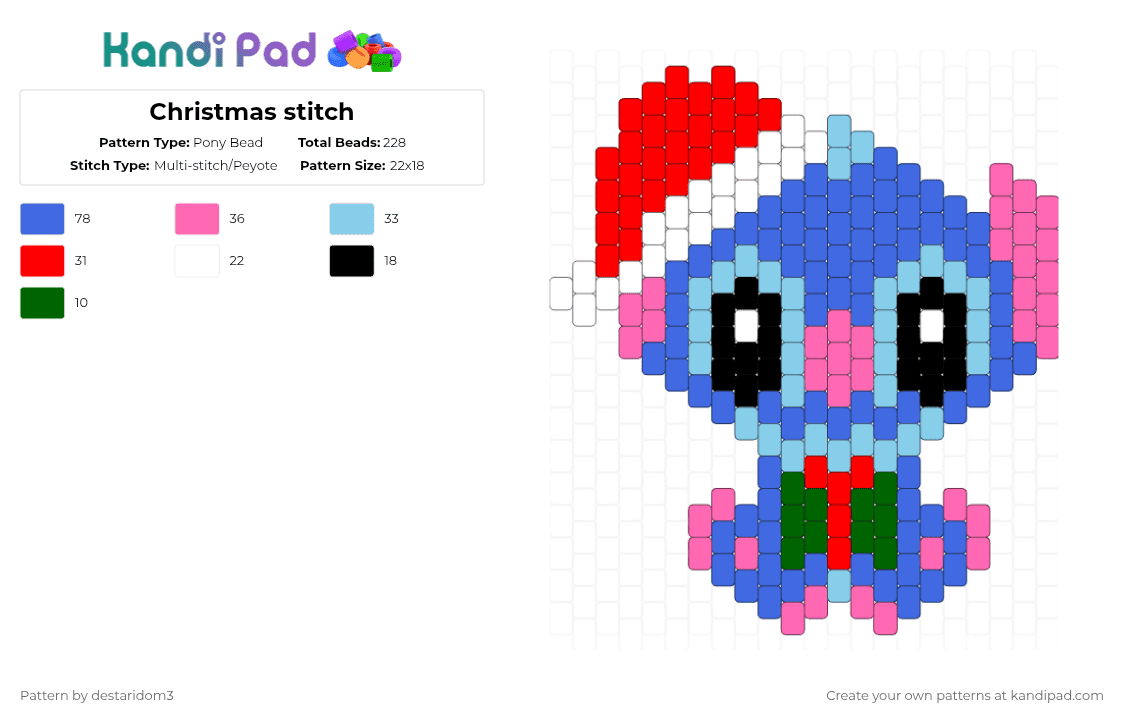 Christmas stitch - Pony Bead Pattern by destaridom3 on Kandi Pad - stitch,lilo and stitch,christmas,character,cartoon,holiday,blue,pink