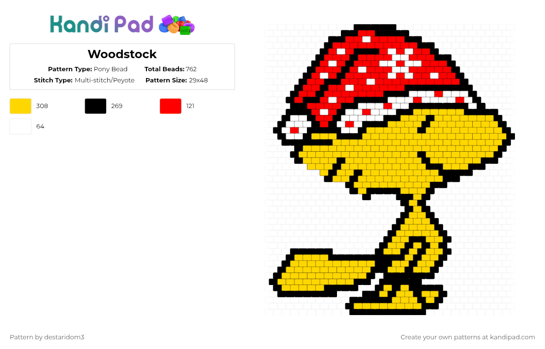 Woodstock - Pony Bead Pattern by destaridom3 on Kandi Pad - woodstock,snoopy,peanuts,character,bird,christmas,charlie brown,cartoon,holiday,yellow,red