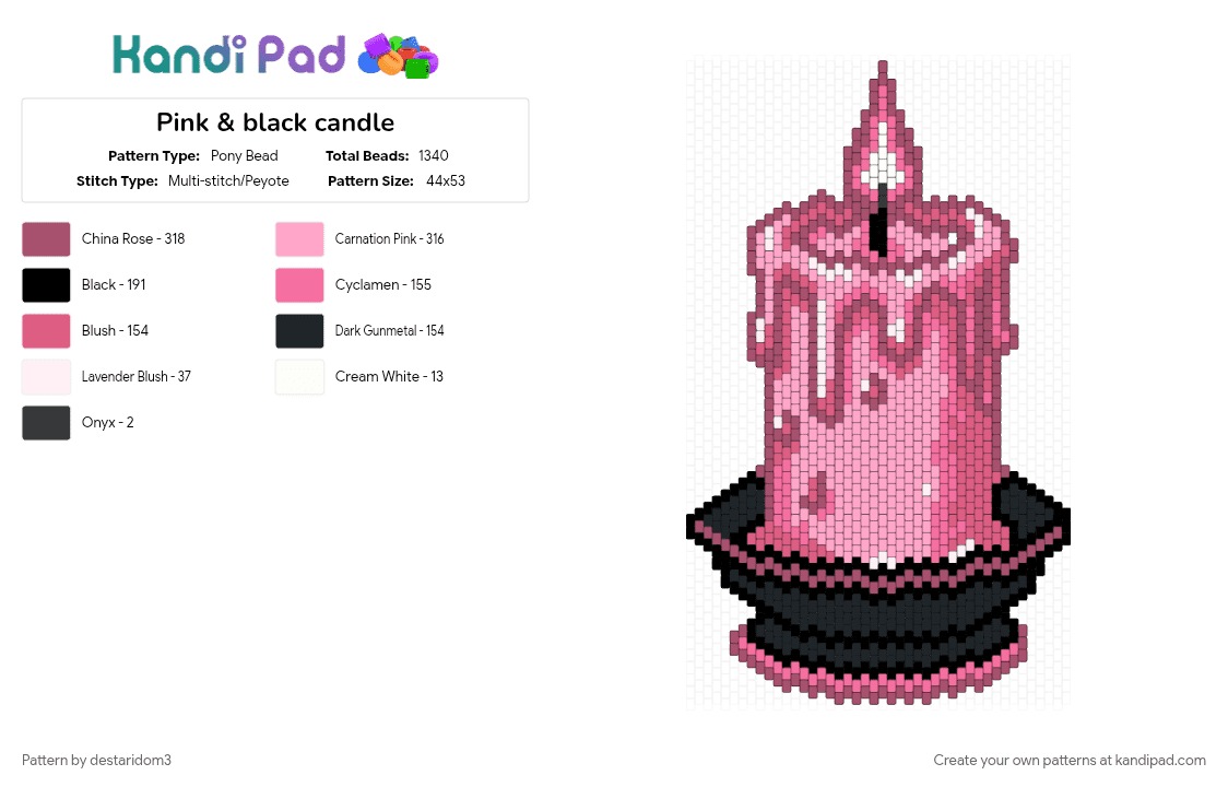 Pink & black candle - Pony Bead Pattern by destaridom3 on Kandi Pad - pink