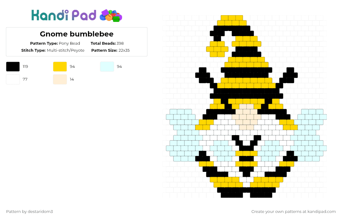 Gnome bumblebee - Pony Bead Pattern by destaridom3 on Kandi Pad - white,yellow