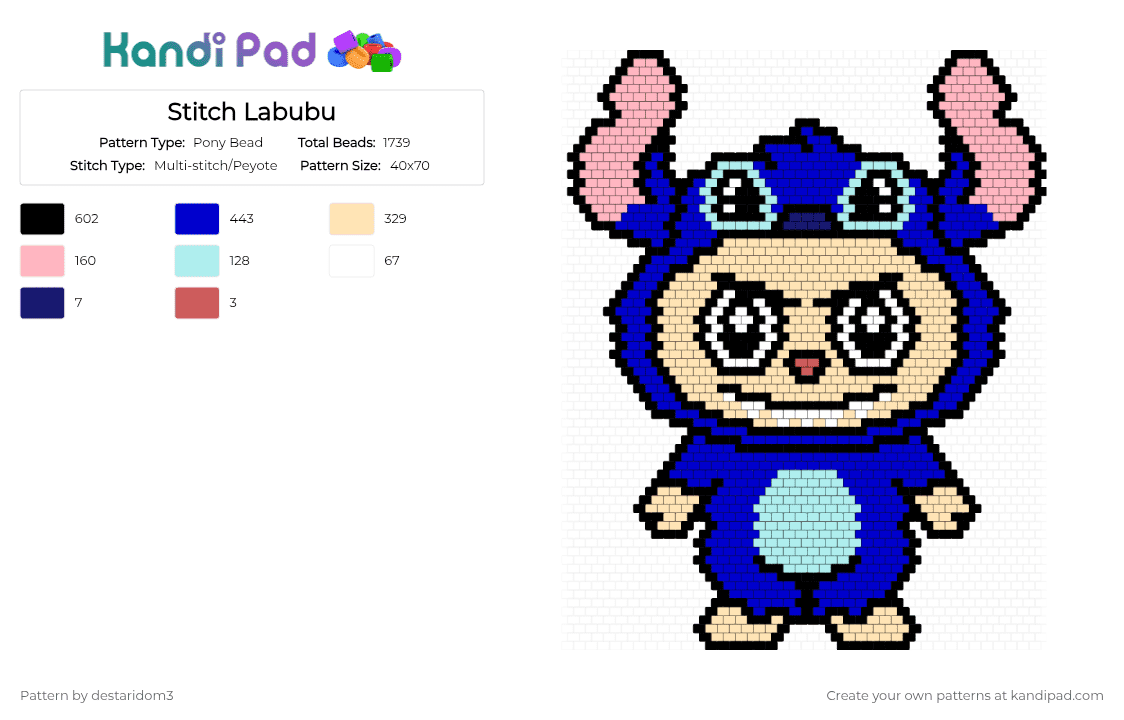Stitch Labubu - Pony Bead Pattern by destaridom3 on Kandi Pad - beige,purple