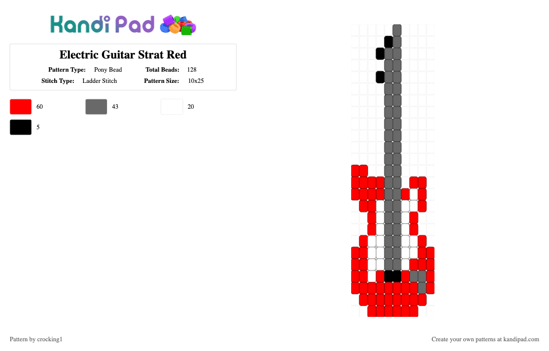 Electric Guitar Strat Red - Pony Bead Pattern by crocking1 on Kandi Pad - gray, guitar, red