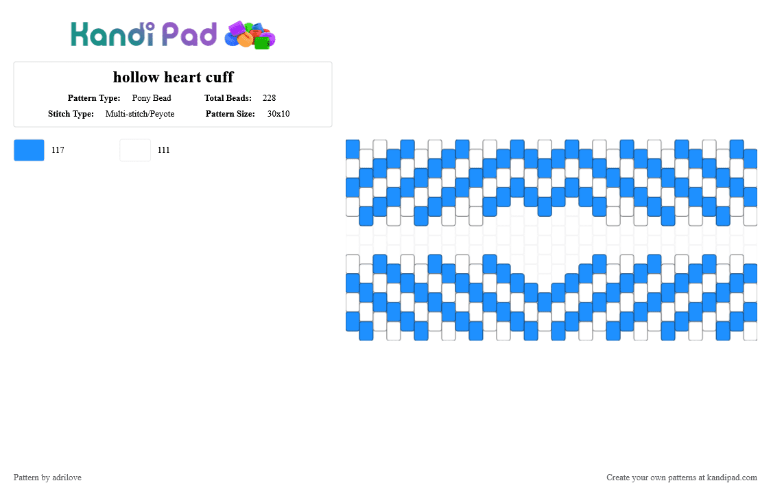 hollow heart cuff - Pony Bead Pattern by adrilove on Kandi Pad - white,light blue