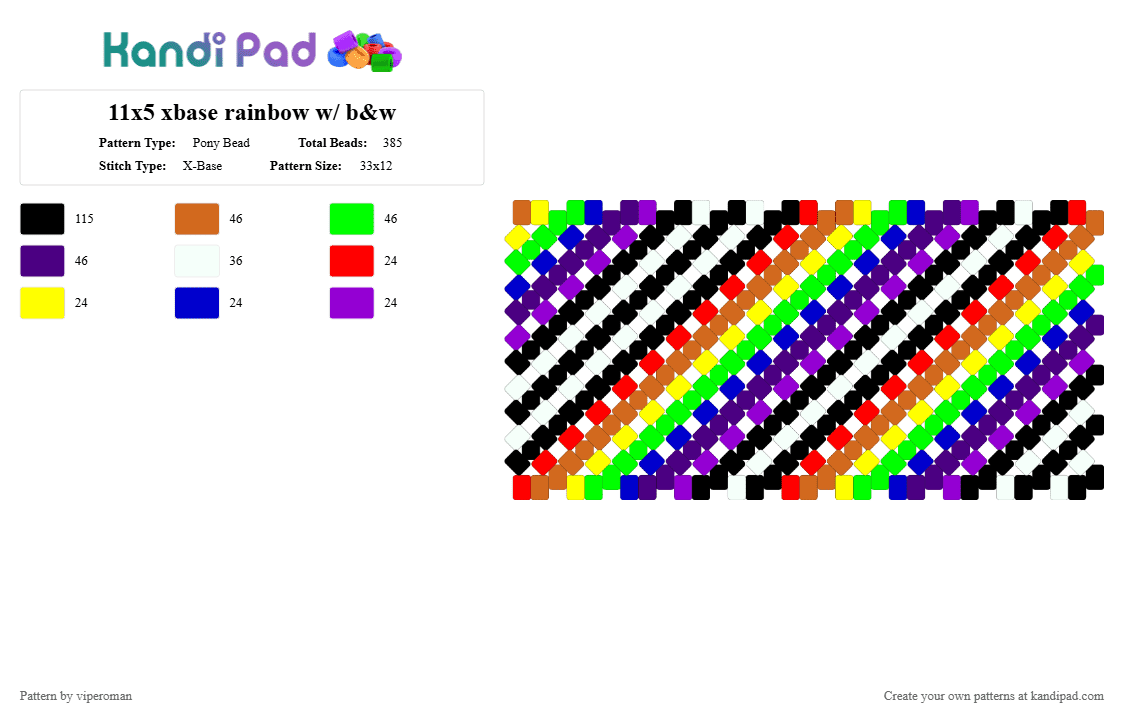 11x5 xbase rainbow w/ b&w - Pony Bead Pattern by viperoman on Kandi Pad - orange,green,purple