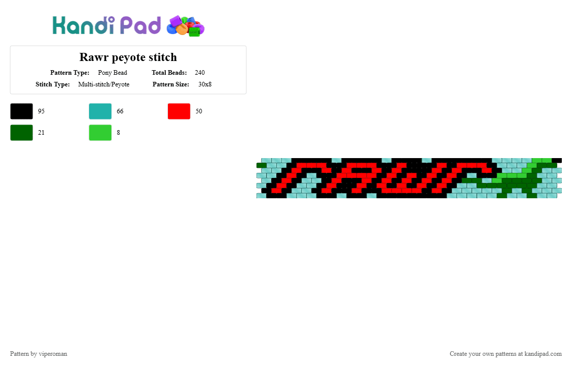 Rawr peyote stitch - Pony Bead Pattern by viperoman on Kandi Pad - teal,red