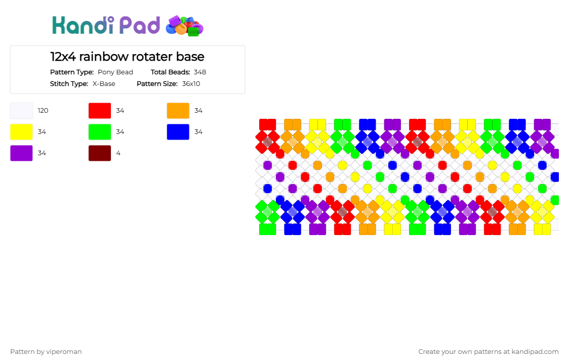 12x4 rainbow rotater base - Pony Bead Pattern by viperoman on Kandi Pad - orange,yellow,green,purple