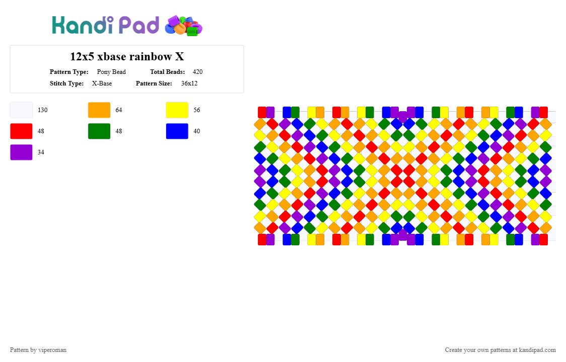 12x5 xbase rainbow X - Pony Bead Pattern by viperoman on Kandi Pad - orange,yellow,purple